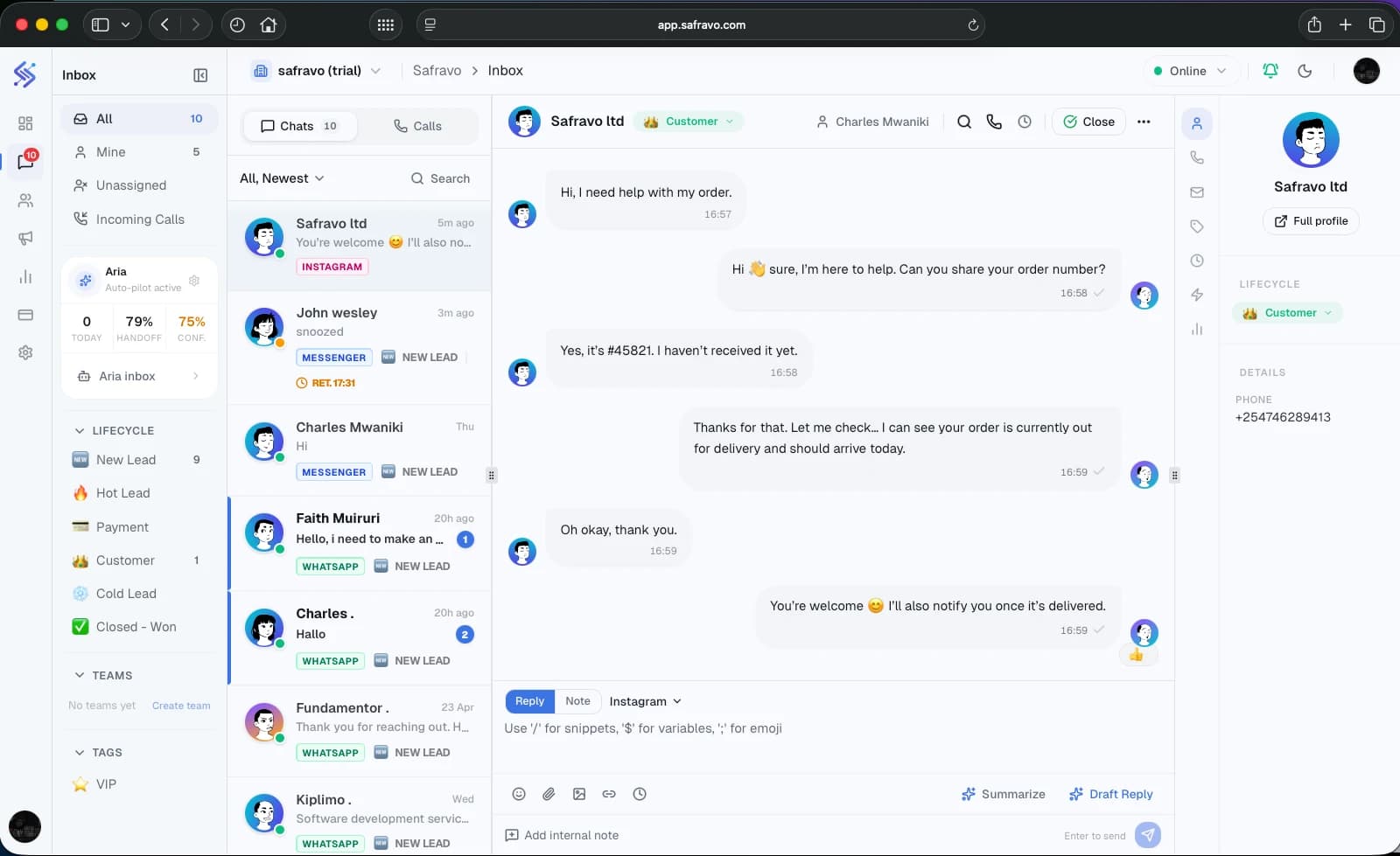 Safravo CRM unified inbox dashboard